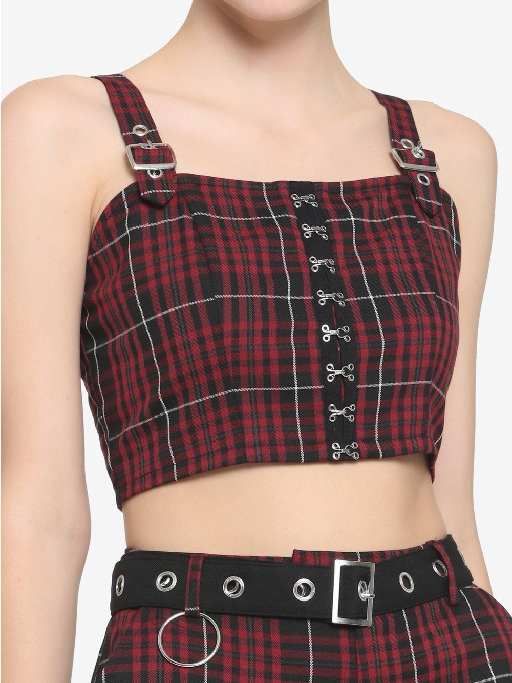 Gothic Punk Red and Black Plaid Hook-and-Eye Cropped Tank